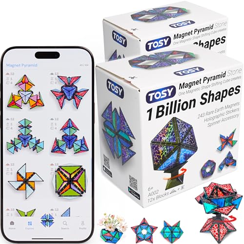 TOSY Magnet Pyramid Stone - 1 Cube Transforms into 1 Billion Shapes, 14 pcs (12 Puzzle pcs and 2 Accessories), 243 Rare Earth Magnets, Holographic Design Magnet Tiles Creative Puzzle STEM Toy, 2-Pack - Image 5
