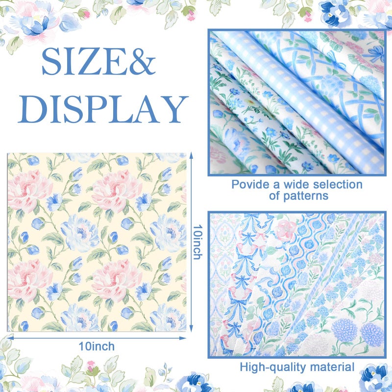 Tudomro 60 Pcs Pastel Floral Fabric Squares 10 x 10 Inch Cotton Pink Blue Hydrangea Rose Gingham Stripe Quilting Fabric Bundles Spring Flower Fat Quarters Quilting Precut Patchwork for Sewing Crafts - Image 4