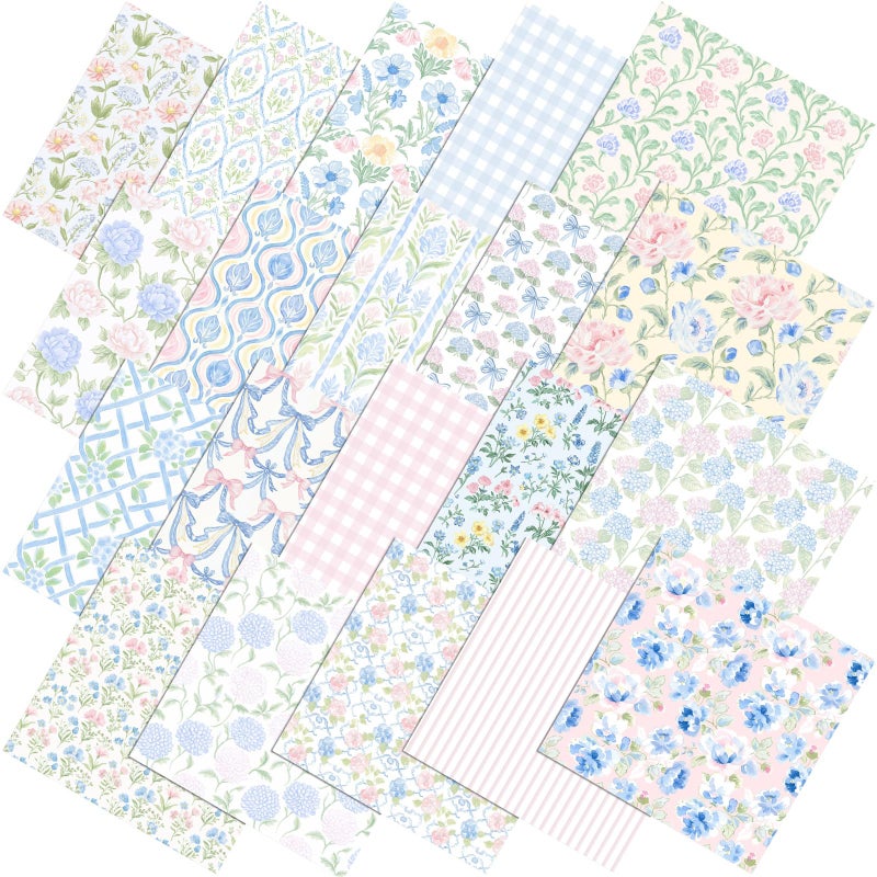 Tudomro 60 Pcs Pastel Floral Fabric Squares 10 x 10 Inch Cotton Pink Blue Hydrangea Rose Gingham Stripe Quilting Fabric Bundles Spring Flower Fat Quarters Quilting Precut Patchwork for Sewing Crafts - Image 1