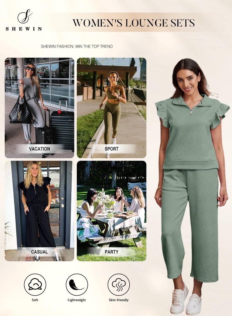 Shein SHEWIN Two 2 Piece Sets for Women Casual Short Sleeve Tops Quarter Zip Pullover Loose Lounge Set Tracksuit Sweatsuit Drawstring Pants Spring Clothes for Women 2026,Green,L - Image 4