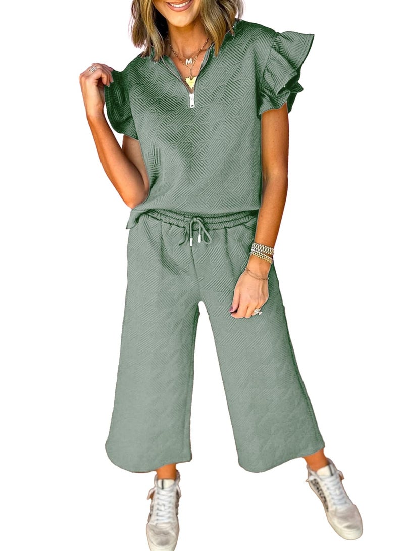 Shein SHEWIN Two 2 Piece Sets for Women Casual Short Sleeve Tops Quarter Zip Pullover Loose Lounge Set Tracksuit Sweatsuit Drawstring Pants Spring Clothes for Women 2026,Green,L - Image 1