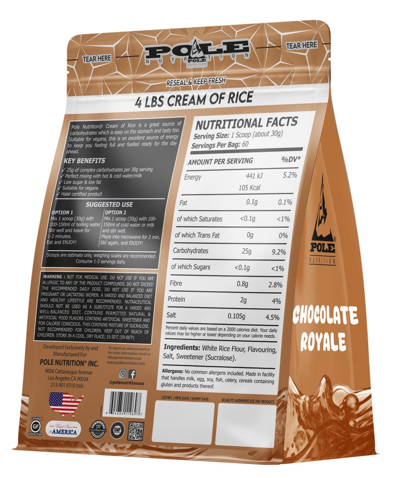 POLE NUTRITION Cream of Rice High Carbohydrate Rice Powder - Chocolate Royale, 4 lbs (60 Servings) - Image 2