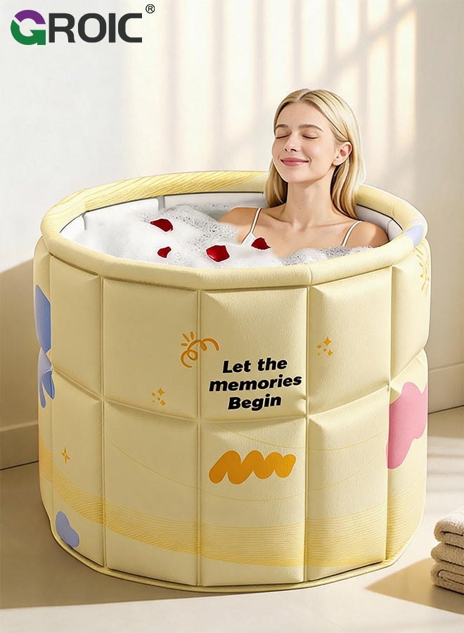 GROIC Foldable BathTub, 70x70cm Portable Soaking Tub for Adult & Kids, Space-Saving Indoor Bath Tub with Insulated Layer, Yellow Print, Bathroom Hot SPA Soaking Standing Tub - Image 1