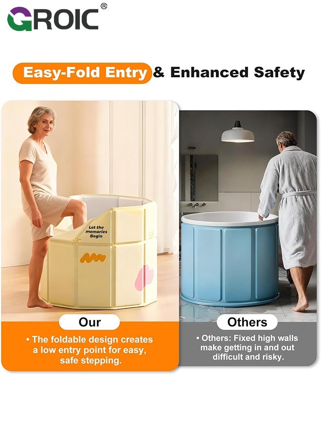 GROIC Foldable BathTub, 70x70cm Portable Soaking Tub for Adult & Kids, Space-Saving Indoor Bath Tub with Insulated Layer, Yellow Print, Bathroom Hot SPA Soaking Standing Tub - Image 3