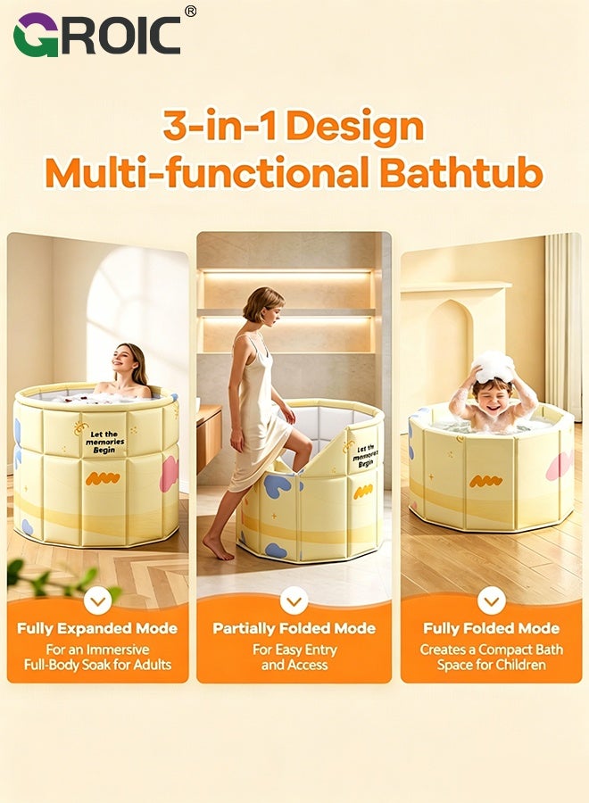 GROIC Foldable BathTub, 70x70cm Portable Soaking Tub for Adult & Kids, Space-Saving Indoor Bath Tub with Insulated Layer, Yellow Print, Bathroom Hot SPA Soaking Standing Tub - Image 2