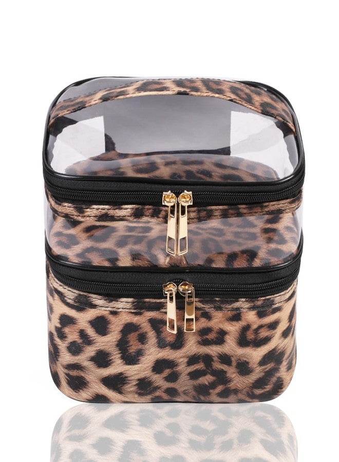 FITINI Makeup Bags Double Layer Travel Large Cosmetic Cases Organizer Toiletry Bags Waterproof Small Zipper Pouch for Women Makeup Brush Storage Bag,Brown Leopard - Image 1