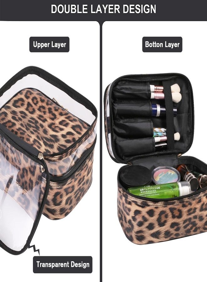 FITINI Makeup Bags Double Layer Travel Large Cosmetic Cases Organizer Toiletry Bags Waterproof Small Zipper Pouch for Women Makeup Brush Storage Bag,Brown Leopard - Image 3