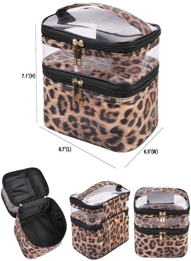 FITINI Makeup Bags Double Layer Travel Large Cosmetic Cases Organizer Toiletry Bags Waterproof Small Zipper Pouch for Women Makeup Brush Storage Bag,Brown Leopard - Image 2