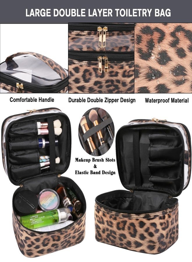 FITINI Makeup Bags Double Layer Travel Large Cosmetic Cases Organizer Toiletry Bags Waterproof Small Zipper Pouch for Women Makeup Brush Storage Bag,Brown Leopard - Image 4