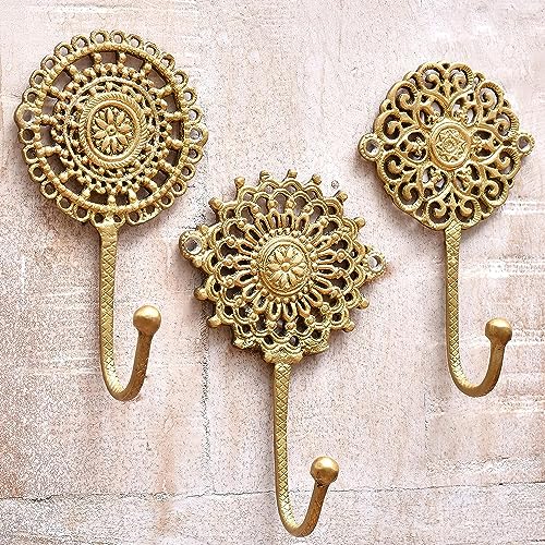 Indian Shelf 3 Wall Gold Decorative Wall Hooks Boho Brass Shabby Chic Hooks Unique Boho Coat Rack Gold Vintage Hook for Hanging Coat