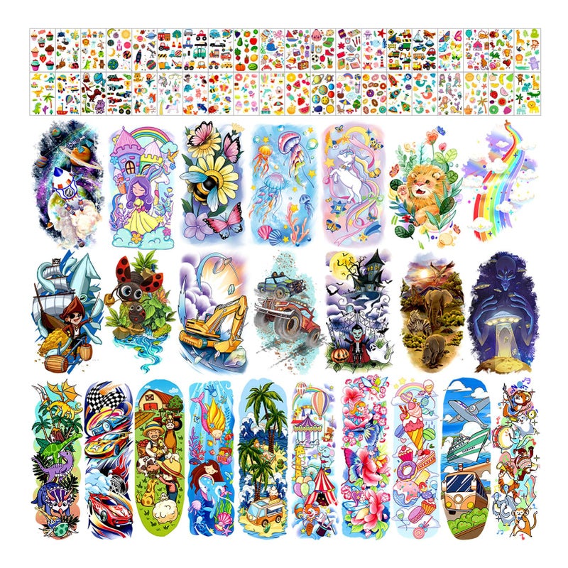 Partywind 66 Sheets Kids Full & Half Arm Temporary Tattoos Sleeves, Fake Tattoo Stickers with Dinosaur/Pirate/Cars for Boys, Butterfly/Mermaid Tattoos for Girls, Kids Party Supplies - Image 2
