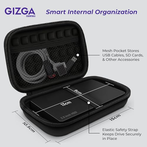 GIZGA essentials Hard Drive Case Shell, 6.35cm/2.5-inch, Portable Storage Organizer Bag for Earphone USB Cable Power Bank Mobile Charger Digital Gadget Hard Disk, Water Resistance Material, Black - Image 5