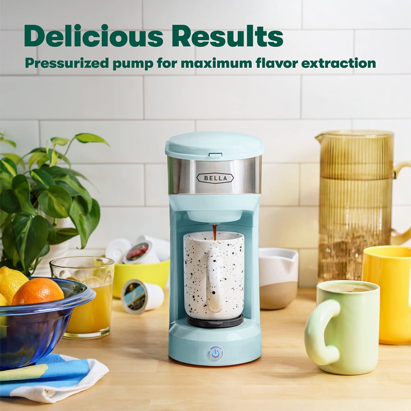 BELLA Dual Brew Single Serve Coffee Maker, Brews both Kcup and Ground Coffee, Large 14oz Capacity, Easy One Touch, Auto Shutoff, Aqua - Image 1