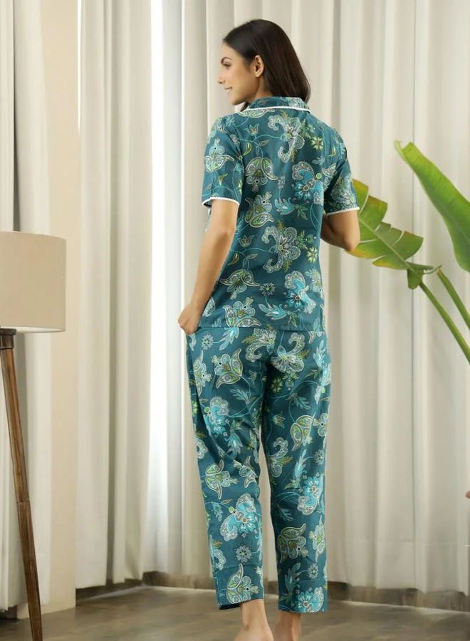 sanskrutihomes Green Floral Cotton Shirt and Pyjama Set