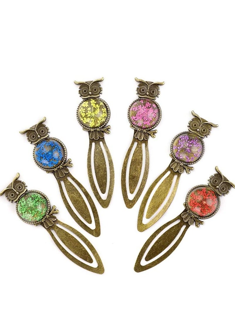 SYOSI - Metal Bookmark Clips Vintage Owl Dried Flower Mixed Color Bookmark Pendant Tray Kit Elegant Metal Bookmark for Kids Birthday Party Favors Student Teacher 6PCS - Image 1