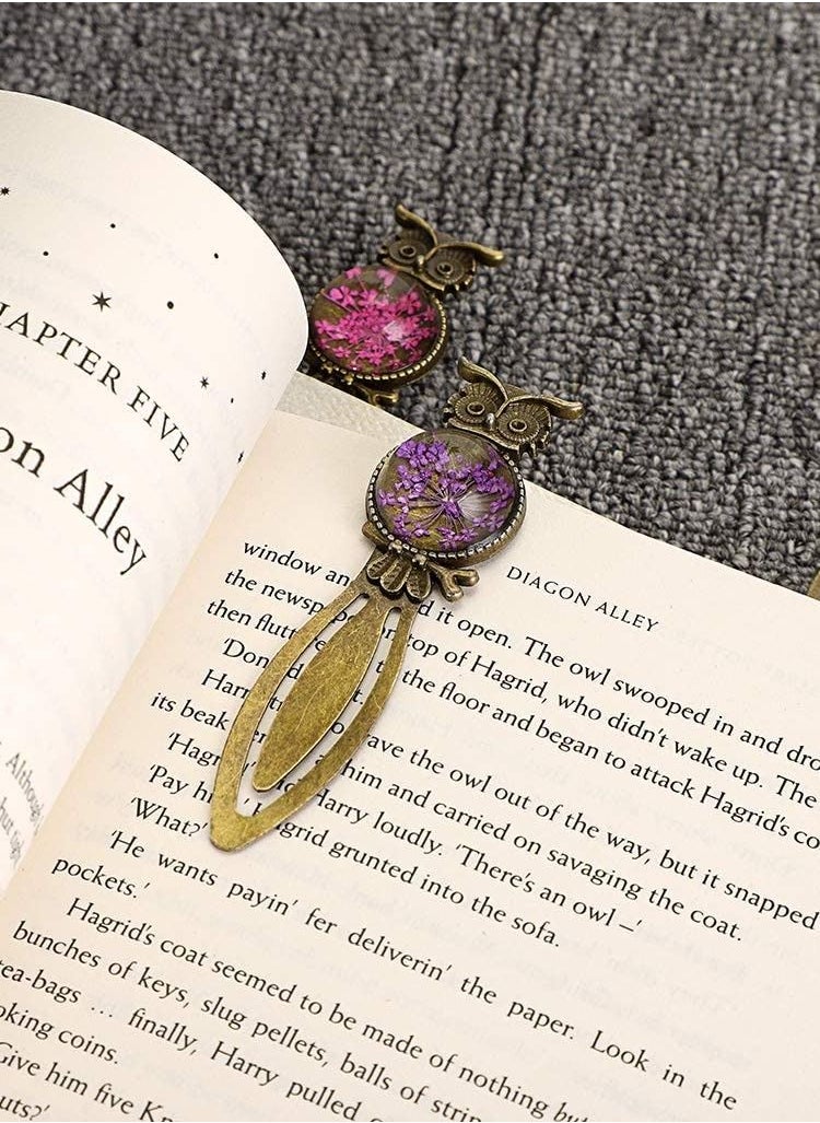 SYOSI - Metal Bookmark Clips Vintage Owl Dried Flower Mixed Color Bookmark Pendant Tray Kit Elegant Metal Bookmark for Kids Birthday Party Favors Student Teacher 6PCS - Image 1