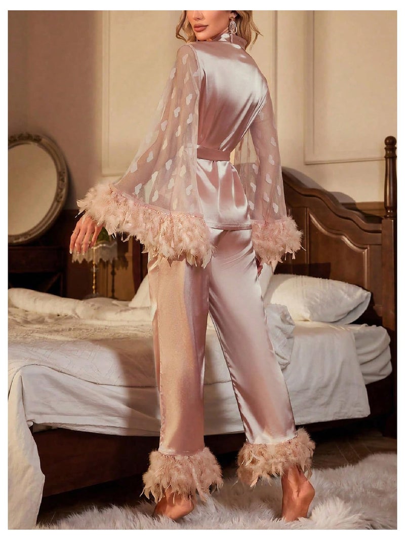 OYOANGLE Women's 2 Piece Pajama Set Satin Contrast Mesh Feather Trim Silk Long Sleeve Belted Top and Pants Lounge Sets Khaki Medium - Image 2