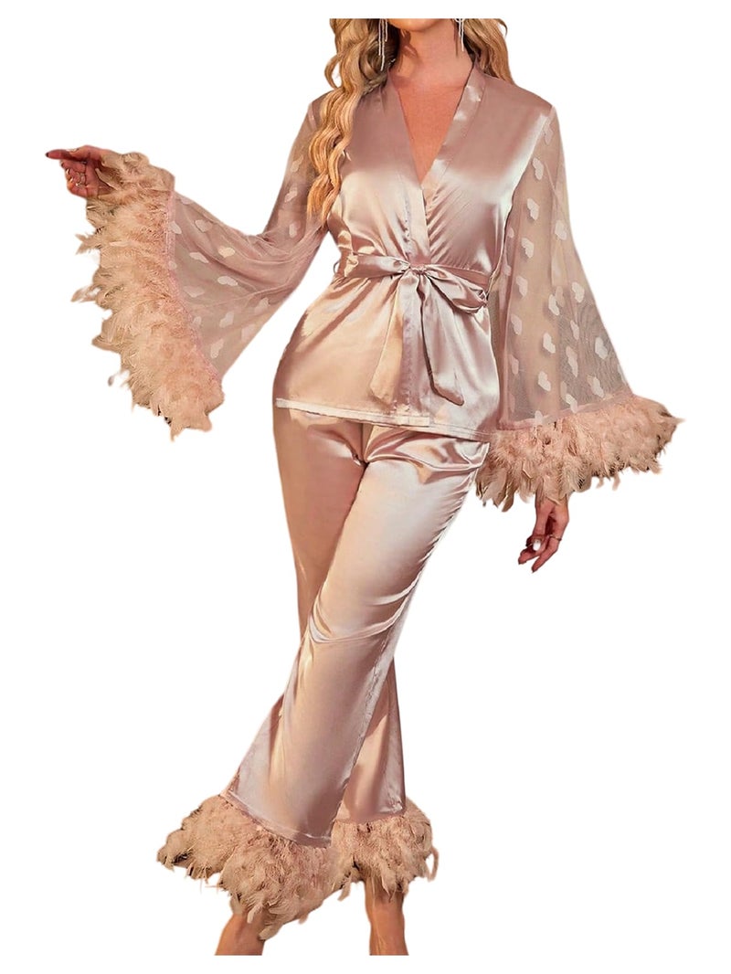 OYOANGLE Women's 2 Piece Pajama Set Satin Contrast Mesh Feather Trim Silk Long Sleeve Belted Top and Pants Lounge Sets Khaki Medium - Image 1