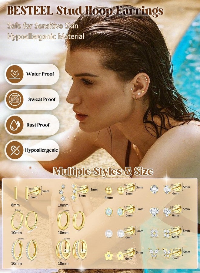 Besteel Hypoallergenic Flat Back Earrings - 14K Gold Plated Cartilage Earring Sets 20G Surgical Stainless Steel Earrings for Women Small Hoop Flatback Stud Earring Stacks Helix Conch Tragus Piercing Jewelry - Image 3