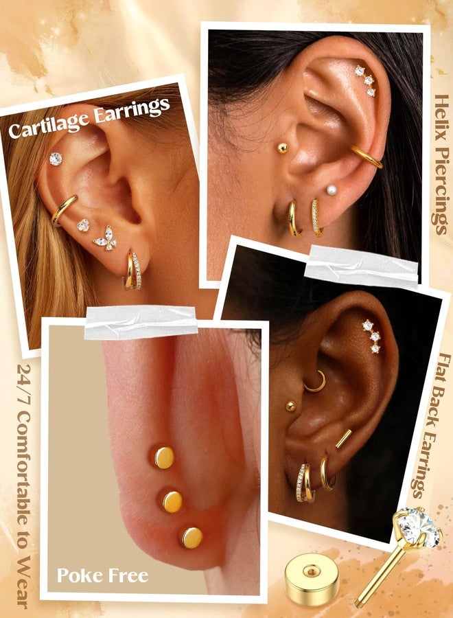 Besteel Hypoallergenic Flat Back Earrings - 14K Gold Plated Cartilage Earring Sets 20G Surgical Stainless Steel Earrings for Women Small Hoop Flatback Stud Earring Stacks Helix Conch Tragus Piercing Jewelry - Image 2