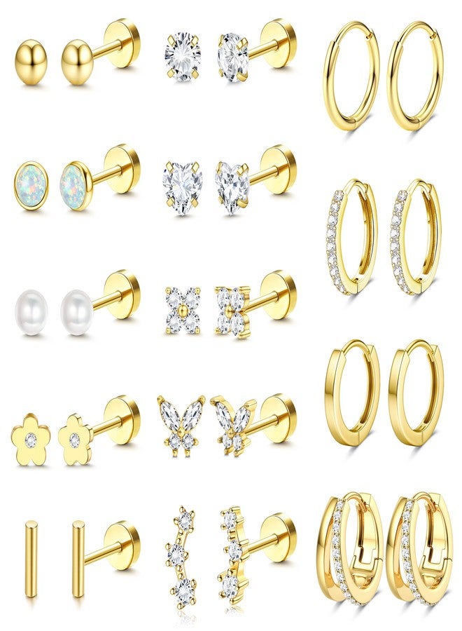 Besteel Hypoallergenic Flat Back Earrings - 14K Gold Plated Cartilage Earring Sets 20G Surgical Stainless Steel Earrings for Women Small Hoop Flatback Stud Earring Stacks Helix Conch Tragus Piercing Jewelry - Image 1