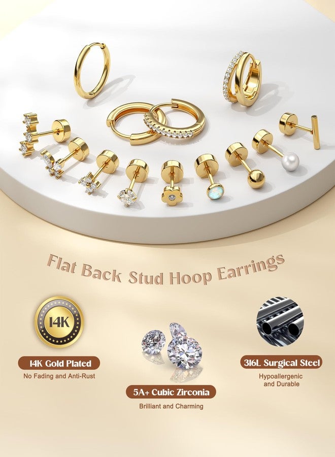 Besteel Hypoallergenic Flat Back Earrings - 14K Gold Plated Cartilage Earring Sets 20G Surgical Stainless Steel Earrings for Women Small Hoop Flatback Stud Earring Stacks Helix Conch Tragus Piercing Jewelry - Image 4