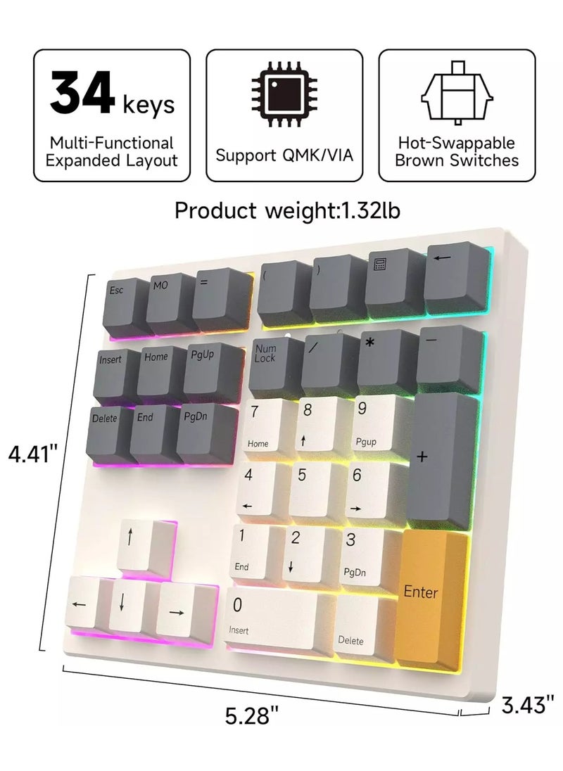 Generic MF34 Mechanical Number Pad, 34 Key Brown Switch Hot Swappable Numpad Wired USB C Numeric Keypad with PBT Keycaps RGB Backlit Keypad for Laptop, MacBook,PC Desktop Support QMK/VIA Macro Button(RGB)  - Image 5