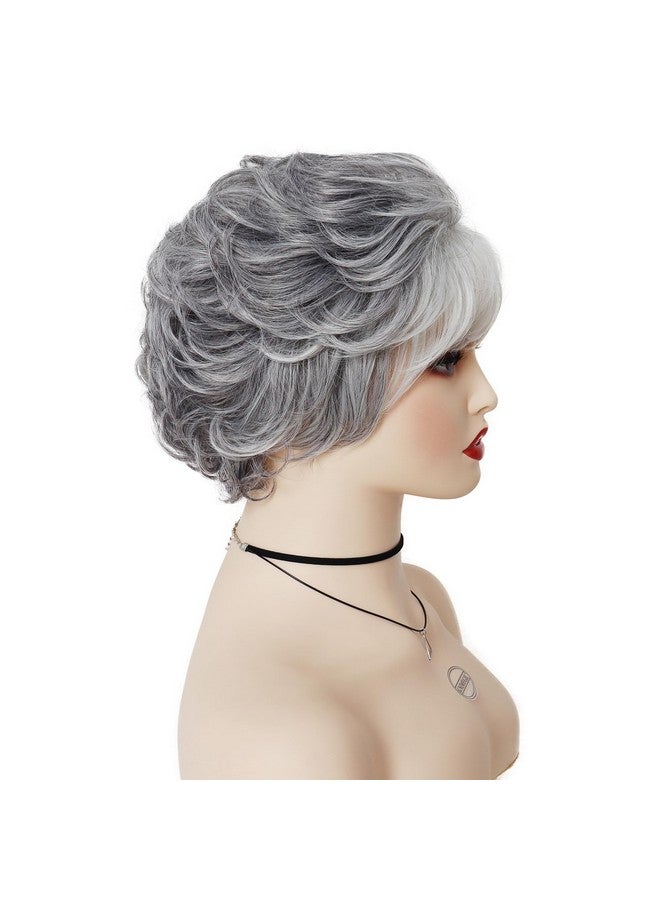 GNIMEGIL Short Grey Curly Wigs For White Women Gray Pixie Cut Wig With Bangs Layered Synthetic Natural Hairstyles Old Lady Wig Senior Ladies Wig - Image 4