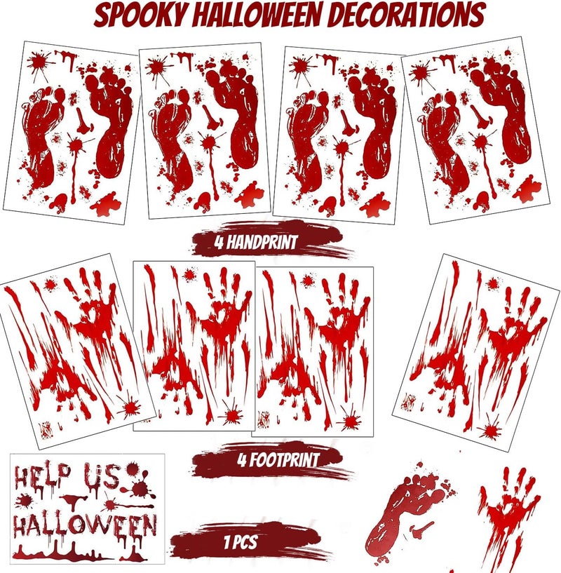 WOONOO 188PCS Halloween Decorations Window Clings, 9 Sheets Bloody Handprint Footprint Halloween Wall Decal Floor Clings with Tattoo Stickers, Scary Halloween Window Decorations - Image 2