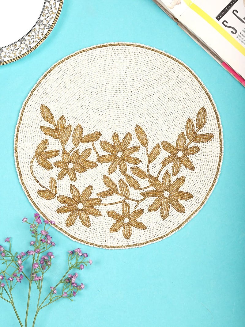 AIVIK Poleyster placemats Beaded Design14 INCH White Base Golden Emb Pattern Best for BedSide TableCenter Table Dining TableShelves - Image 1