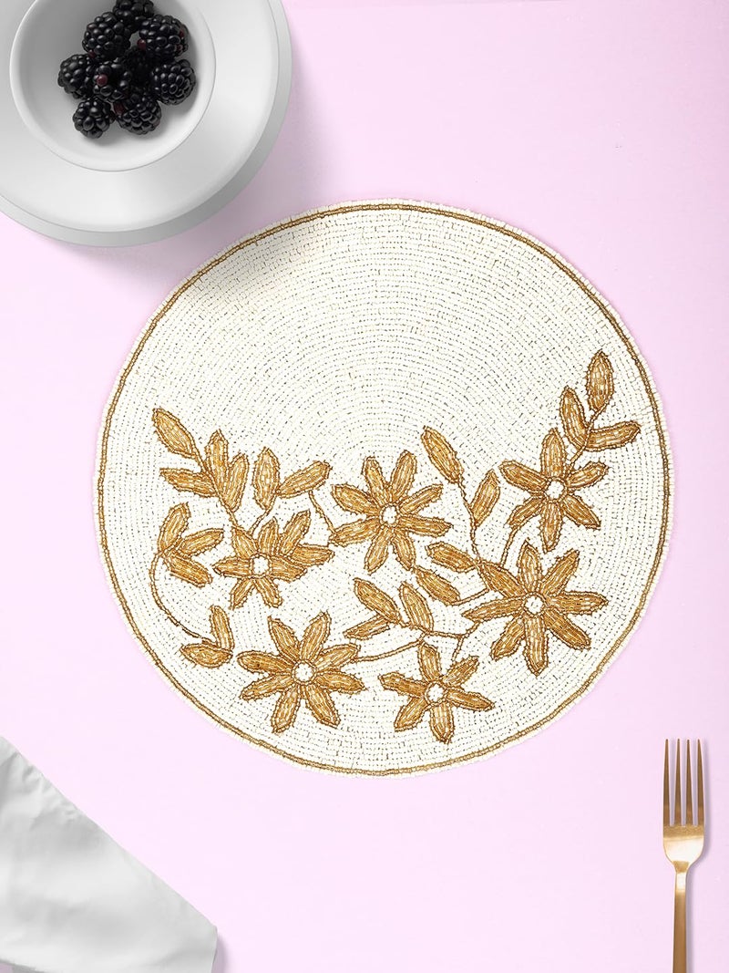 AIVIK Poleyster placemats Beaded Design14 INCH White Base Golden Emb Pattern Best for BedSide TableCenter Table Dining TableShelves - Image 2