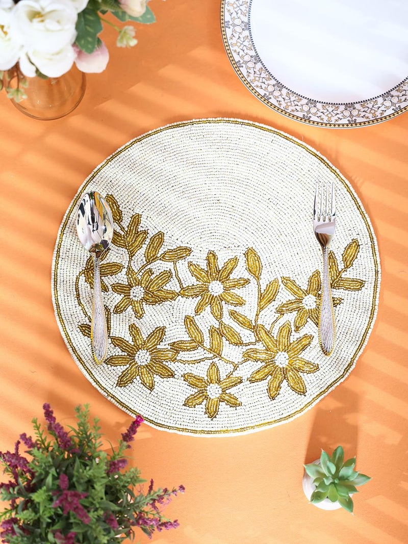 AIVIK Poleyster placemats Beaded Design14 INCH White Base Golden Emb Pattern Best for BedSide TableCenter Table Dining TableShelves - Image 3