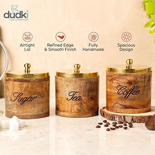 dudki Mango Wood Canister Sets Airtight With Lids Storage Container For Coffee Tea Sugar Kitchen Counter Top, Set Of 3, Brown - Image 2