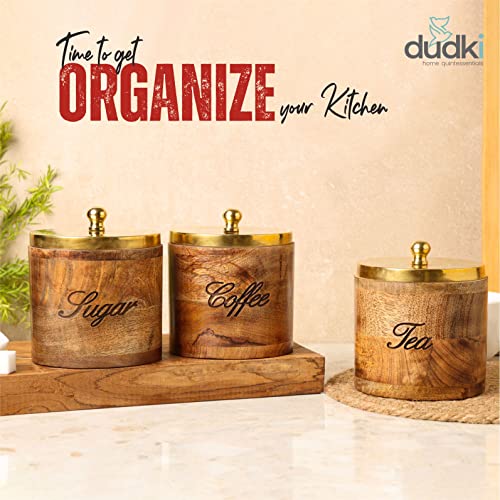 dudki Mango Wood Canister Sets Airtight With Lids Storage Container For Coffee Tea Sugar Kitchen Counter Top, Set Of 3, Brown - Image 4