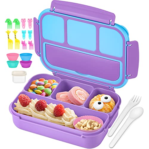 QQKO Bento Lunch Box for Kids Girls Boys Toddler Kids Lunch Boxes for School Lunch Containers for Adults with 4 Compartments Sauce Container Utensils Food Picks and Muffin Cups Purple