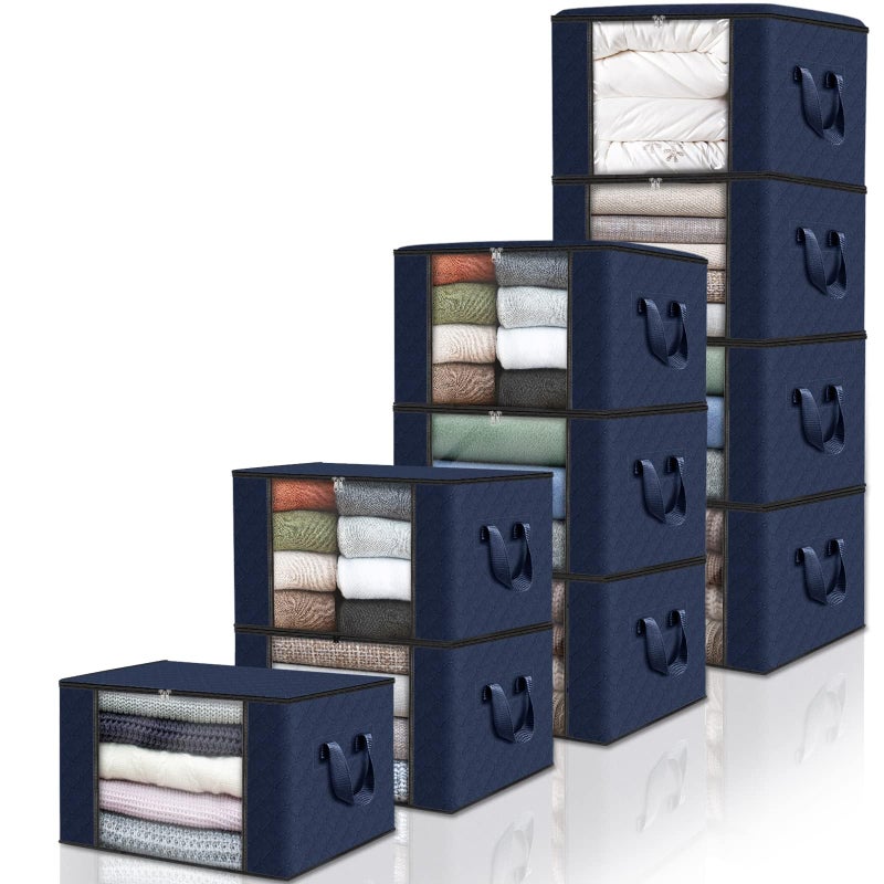Fab totes 10 Pack Clothes Storage Foldable Thick Fabric Blanket Storage Bags Containers for Organizing Bedroom Closet Clothing ComforterCloset Organization with HandleBlue