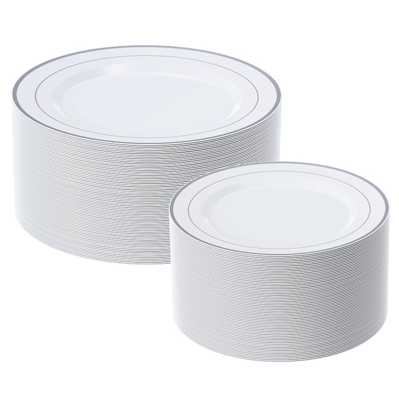 FOCUSLINE Silver Plastic Plates Set of 60 Disposable Plates with Silver Rim 30 Dinner Plates 10 and 30 Salad Dessert Appetizer Plate 7 Elegant Fancy Heavy Duty Wedding Party Plates