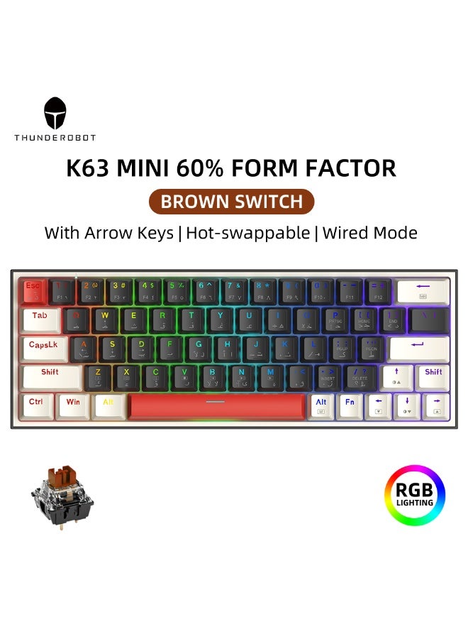 ثوندروبوت لوحة مفاتيح ميكانيكية عربية K63، مفتاح بني، سلكية RGB ANSI 60%، تخطيط 63 مفتاحًا مع مفاتيح الأسهم، لوحة مفاتيح ألعاب قابلة للتبديل السريع للاعبين - أسود/أبيض - Image 1