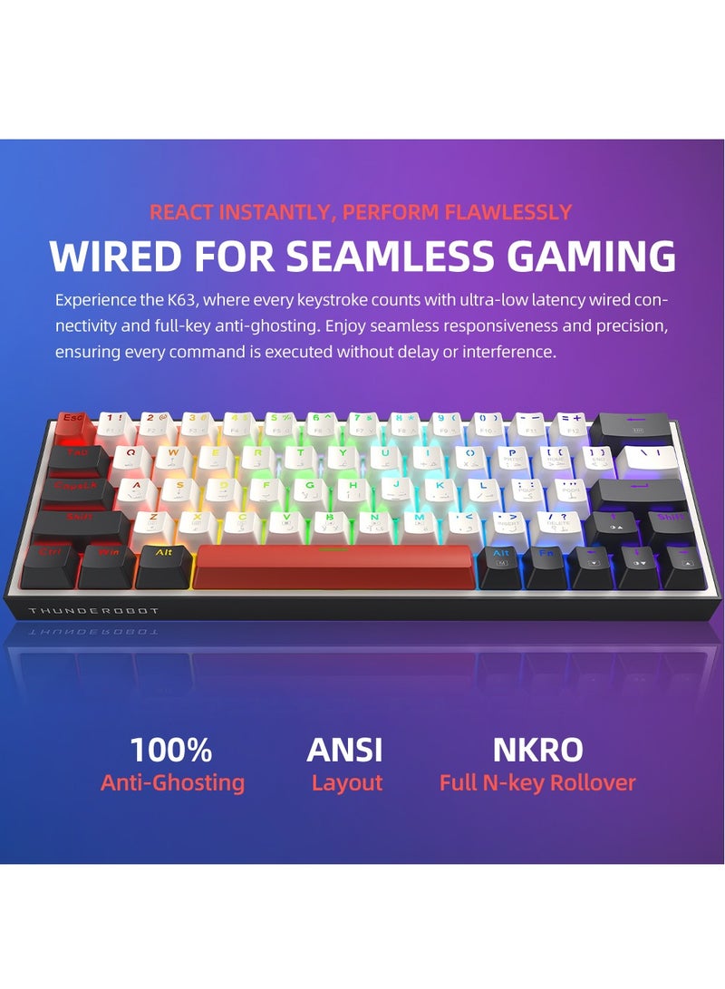 ثوندروبوت لوحة مفاتيح ميكانيكية عربية K63، مفتاح بني، سلكية RGB ANSI 60%، تخطيط 63 مفتاحًا مع مفاتيح الأسهم، لوحة مفاتيح ألعاب قابلة للتبديل السريع للاعبين - أسود/أبيض - Image 4