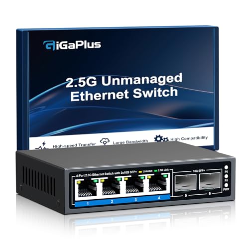 GiGaPlus 6 Ports 25Gb Unmanaged Ethernet Switch with 4 25G BaseT Ports 2 10G SFP Ports 25Gbps Network Switch for 25Gbps NASPC WiFi6 Router Wireless AP Fanless Design Plug and Play - Image 1