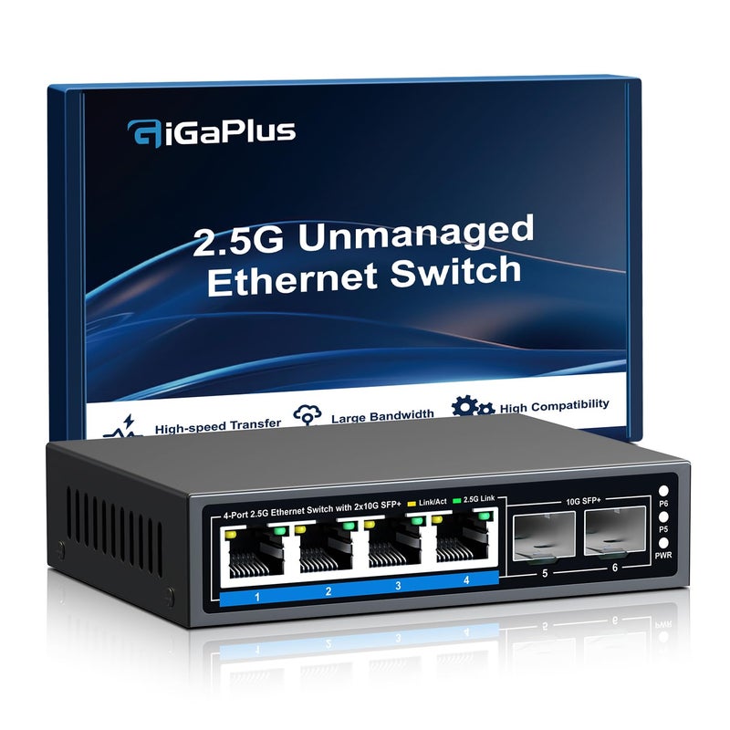 GiGaPlus 6 Ports 25Gb Unmanaged Ethernet Switch with 4 25G BaseT Ports 2 10G SFP Ports 25Gbps Network Switch for 25Gbps NASPC WiFi6 Router Wireless AP Fanless Design Plug and Play - Image 2