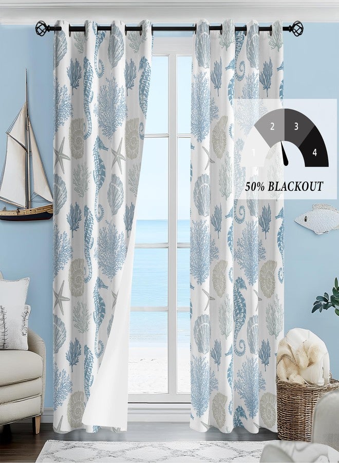weesire Nautical Coastal Curtains Decorative Beach Ocean Seahorse Coral 50% Light Blocking Sea Darkening Grommet Curtain for Villa Living Room, Bedroom Navy Blue and White 2 Panels Set, 52x63 Inches - Image 2