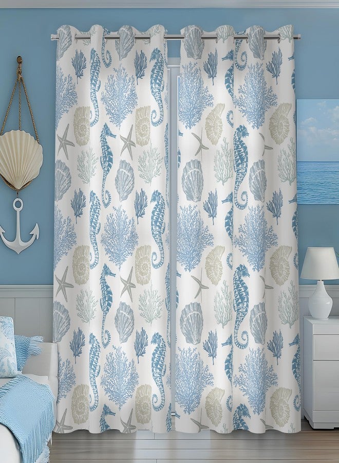 weesire Nautical Coastal Curtains Decorative Beach Ocean Seahorse Coral 50% Light Blocking Sea Darkening Grommet Curtain for Villa Living Room, Bedroom Navy Blue and White 2 Panels Set, 52x63 Inches - Image 3