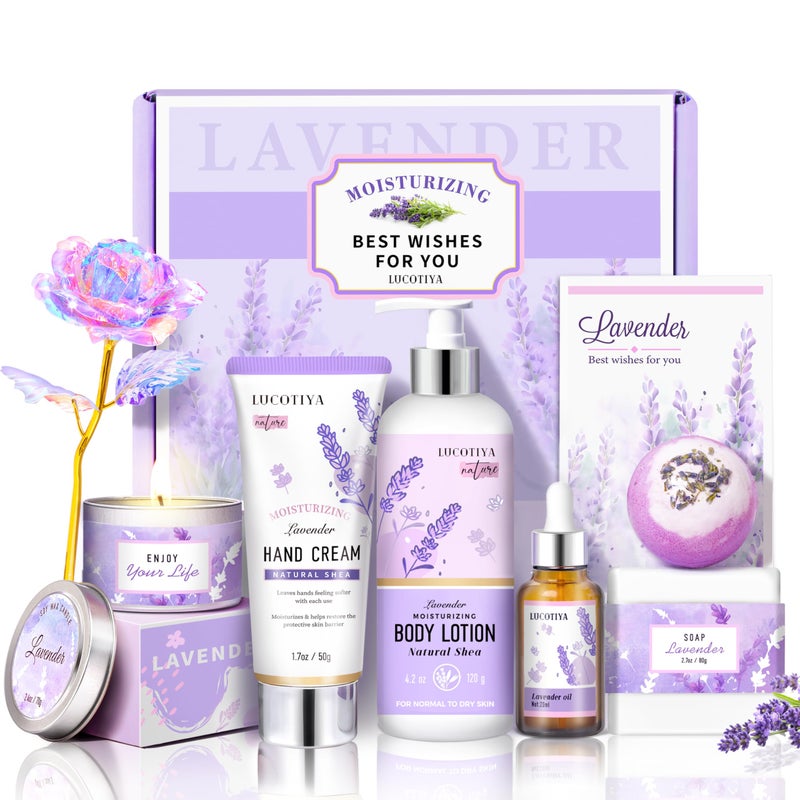 LUCOTIYA Lavender Spa Gift Set for HerHand CreamLavender Essential OilBody Butter Lavender Scented CandleBath BombsSoap