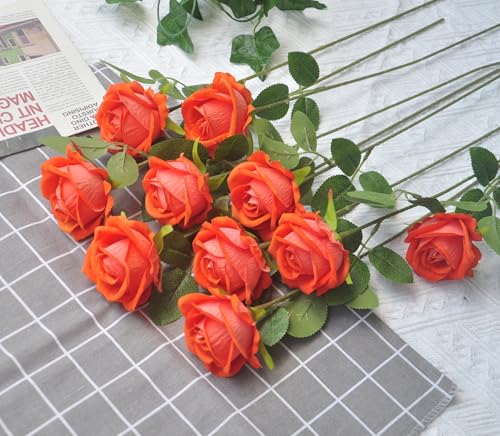 Kenpal Realistic Fake Roses Artificial Flowers with Stem for Decoration Floral Arrangement Centerpieces Wedding Bouquets 10 Orange - Image 3