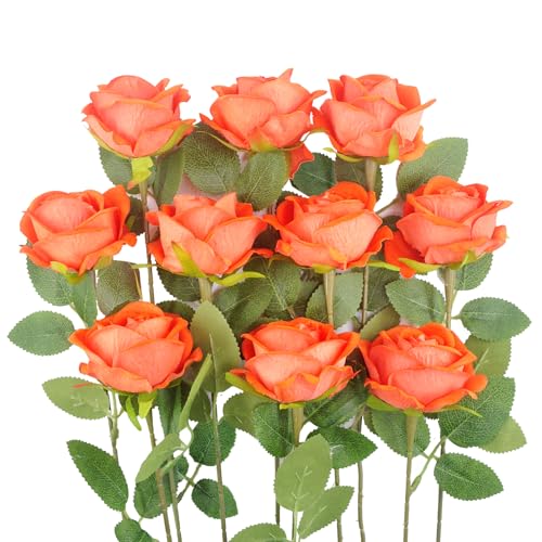 Kenpal Realistic Fake Roses Artificial Flowers with Stem for Decoration Floral Arrangement Centerpieces Wedding Bouquets 10 Orange - Image 1