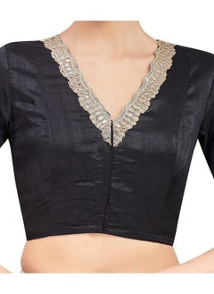 Studio Shringaar Studio Shringaar Women's Readymade Silky Elbow Length Sleeves Saree Blouse With Embroidered Neckline (Black, 42)  - Image 5