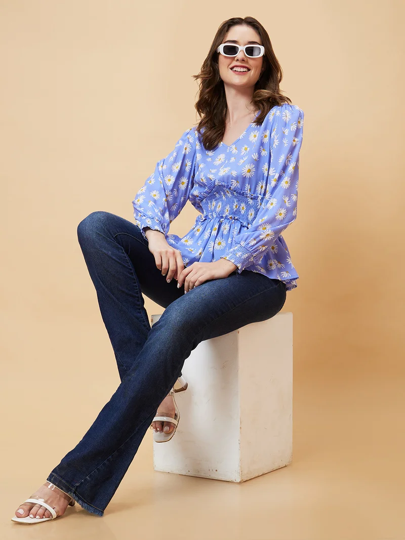 globus Women Blue Polka Dot Print Puff Sleeve Cinched Waist Top