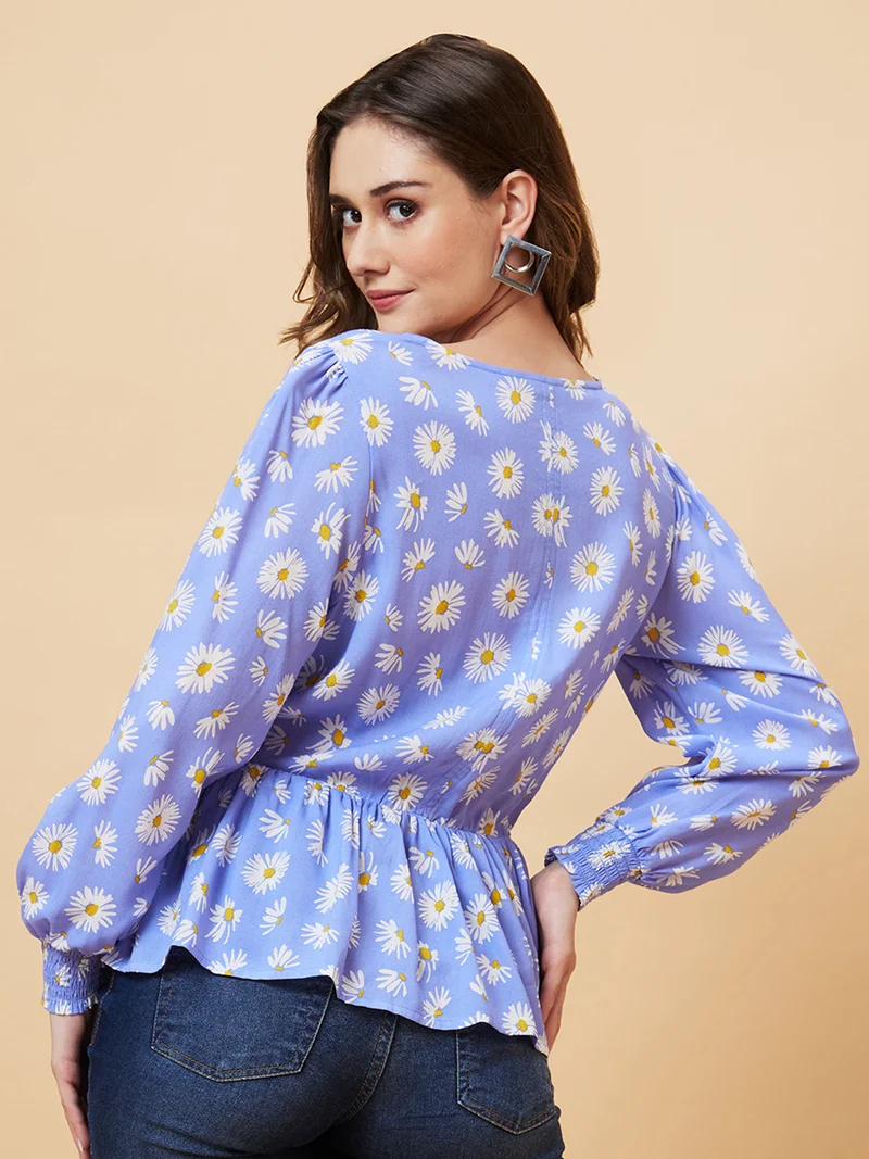 globus Women Blue Polka Dot Print Puff Sleeve Cinched Waist Top