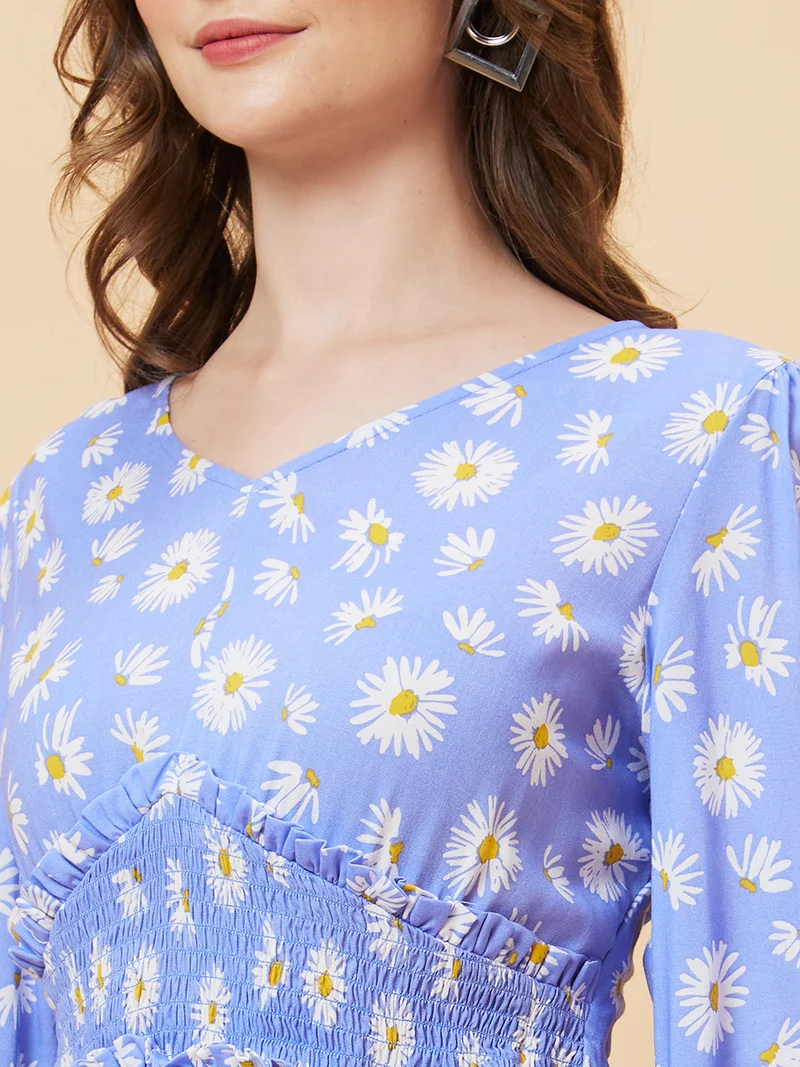 globus Women Blue Polka Dot Print Puff Sleeve Cinched Waist Top